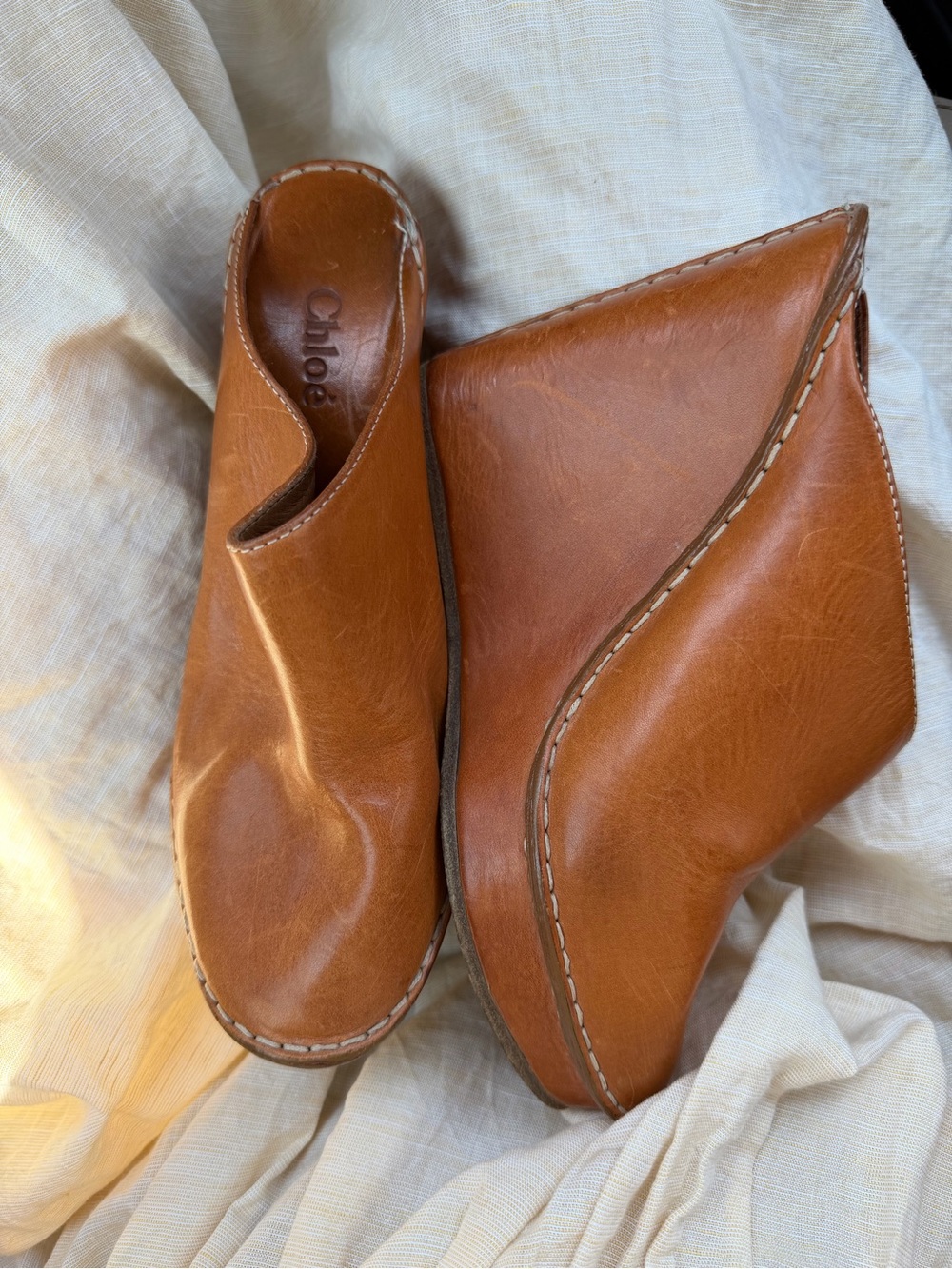 Chloe Cognac Leather Platform Mules
